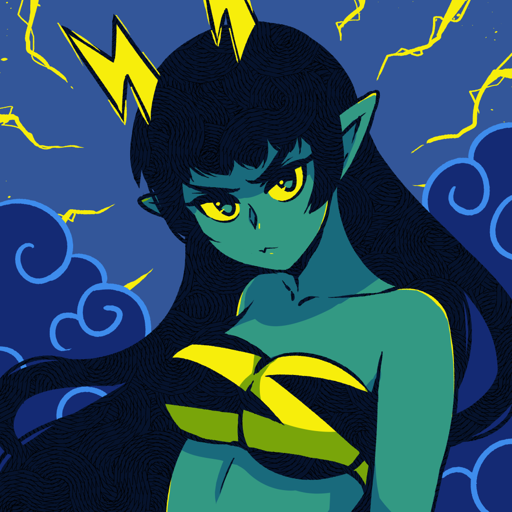 1girl :&lt; akairiot bangs bare_arms black_bra black_hair bra collarbone dynja_(akairiot) green_eyes green_skin horns lighting long_hair looking_at_viewer multicolored multicolored_bra multicolored_clothes original pointy_ears serious solo strapless strapless_bra underwear yellow_bra yellow_sclera