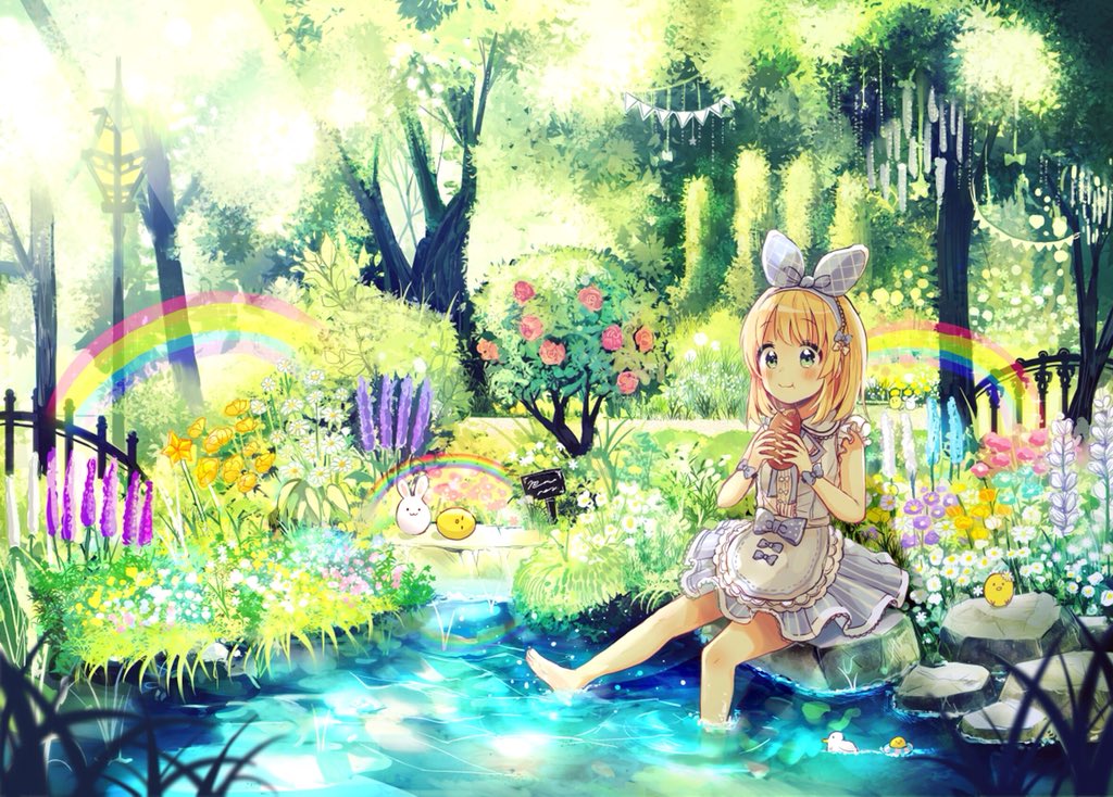 1girl :t animal apron barefoot bird blonde_hair blue_bow blue_flower blue_hairband blue_ribbon blue_skirt blush bow bread closed_mouth day eating flower food green_eyes hair_ribbon hairband holding holding_food lamppost looking_at_viewer nature orange_flower original outdoors pink_flower pink_rose pond purple_flower rabbit rainbow ribbon rock rose sakura_oriko shirt sign sitting skirt sleeveless sleeveless_shirt soaking_feet solo striped sunlight tree vertical-striped_skirt vertical_stripes waist_apron water white_apron white_flower white_shirt wrist_bow yellow_flower