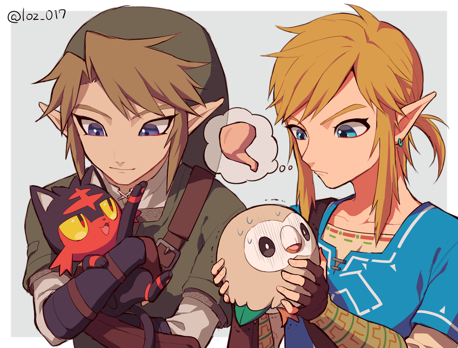 2boys bird blue_shirt cat fingerless_gloves food gloves happy link litten loz_017 multiple_boys pokemon rowlet shirt smile the_legend_of_zelda the_legend_of_zelda:_breath_of_the_wild the_legend_of_zelda:_twilight_princess