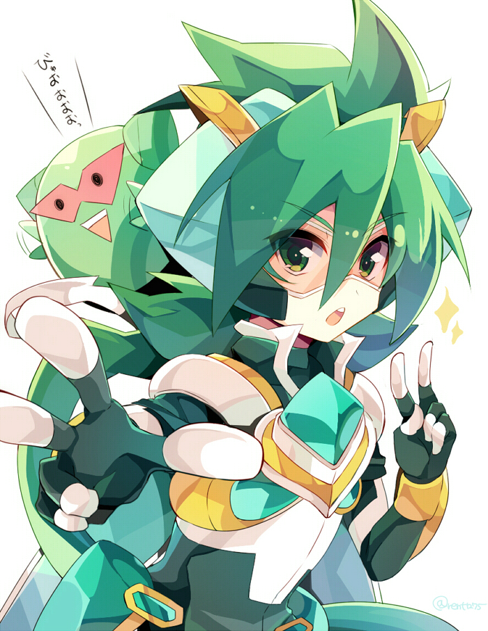 1boy armor fingerless_gloves gloves goggles green_armor green_eyes green_gloves green_hair looking_at_viewer open_mouth rento_(rukeai) saikyou_ginga_ultimate_zero_~battle_spirits~ simple_background solo spiky_hair triangle_mouth v white_armor white_background zero_the_hurricane