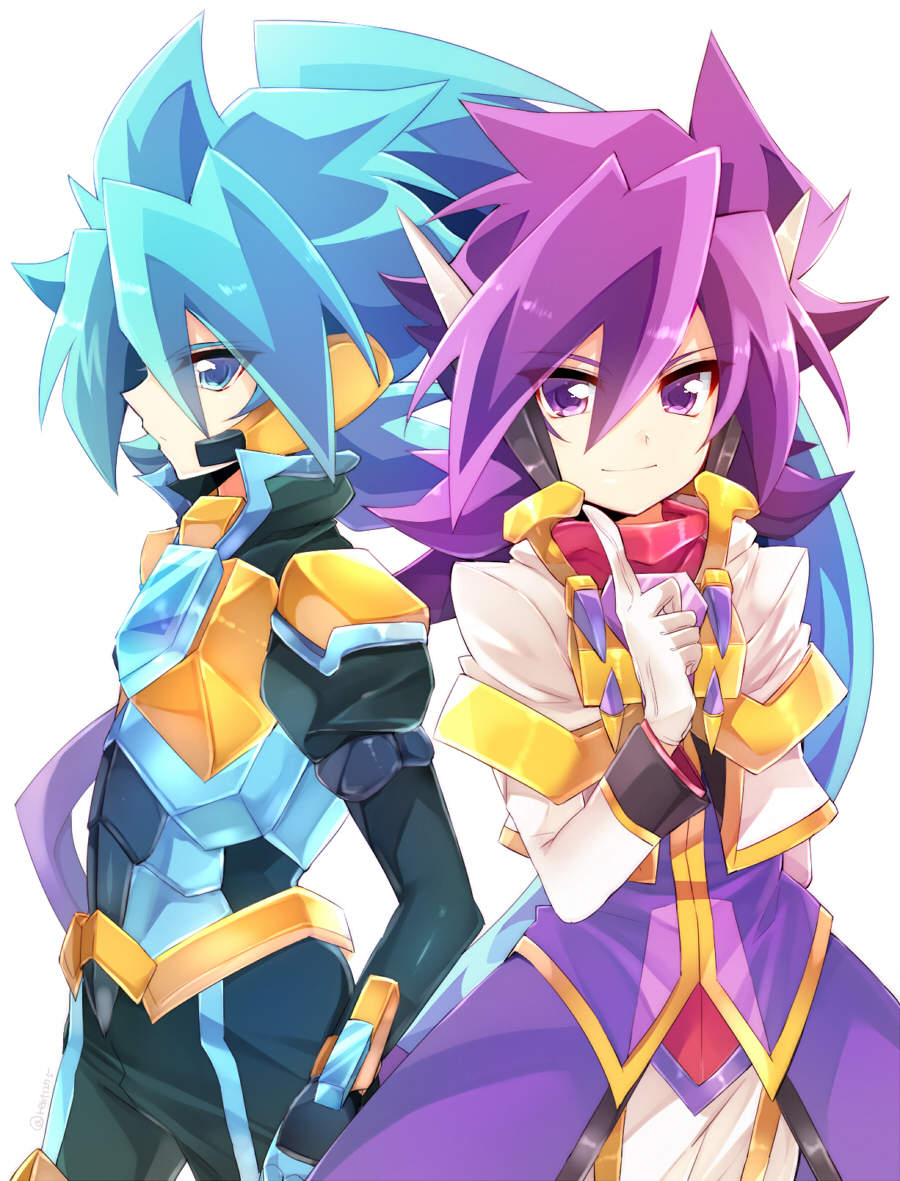 2boys aqua_pants arm_behind_back armor blue_armor blue_eyes blue_gloves blue_hair dual_persona frown gloves headgear index_finger_raised jacket long_sleeves looking_at_viewer male_focus multiple_boys pants purple_hair purple_shirt rento_(rukeai) saikyou_ginga_ultimate_zero_~battle_spirits~ shirt simple_background smile twitter_username violet_eyes white_background white_gloves white_jacket white_pants zero_the_azure zero_the_flash