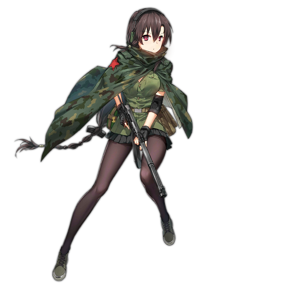 1girl artist_request black_hair braided_ponytail cape ear_protection elbow_pads fingerless_gloves full_body girls_frontline gloves gun headphones long_hair looking_at_viewer official_art pantyhose red_eyes skirt solo submachine_gun transparent_background trigger_discipline type_64_(girls_frontline) type_64_smg weapon