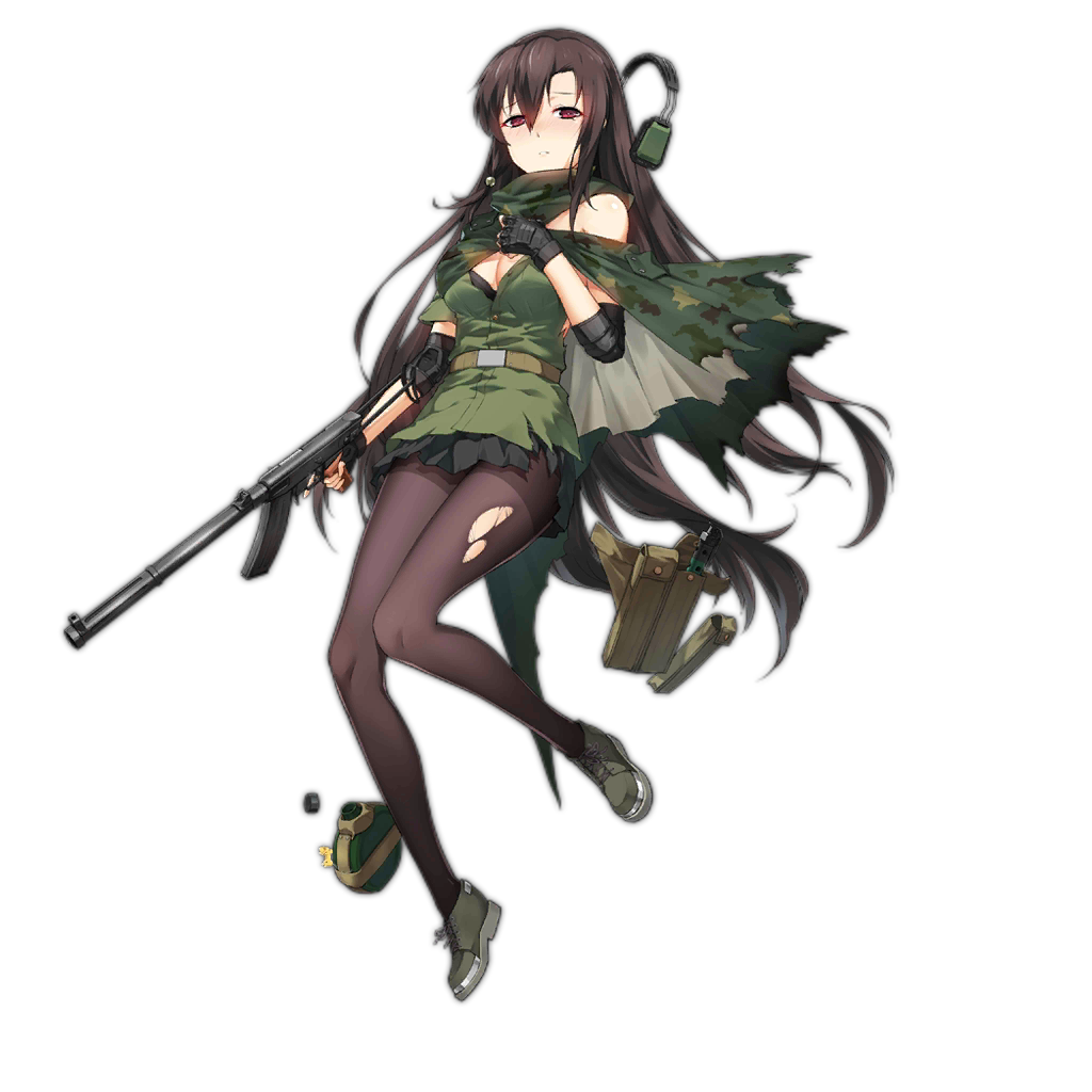 1girl artist_request black_hair blush breasts canteen cape cleavage ear_protection elbow_pads fingerless_gloves full_body girls_frontline gloves gun headphones headphones_removed long_hair looking_at_viewer official_art pantyhose red_eyes skirt solo submachine_gun torn_clothes torn_pantyhose transparent_background type_64_(girls_frontline) type_64_smg weapon