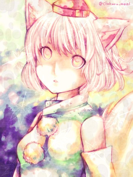 1girl animal_ears autumn_leaves bangs bare_shoulders breasts clumeal detached_sleeves eyelashes hat inubashiri_momiji medium_breasts open_mouth pom_pom_(clothes) red_hat shirt sleeveless sleeveless_shirt solo tail tail_raised tokin_hat touhou twitter_username upper_body white_hair white_shirt wolf_ears wolf_tail yellow_eyes