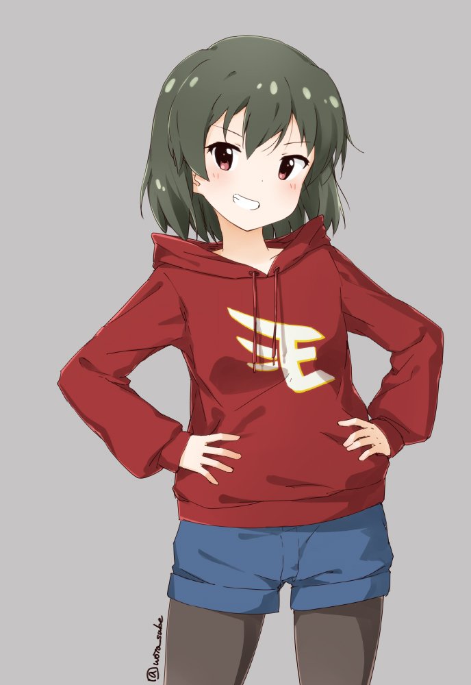 1girl bangs black_legwear blue_shorts brown_eyes casual cowboy_shot drawstring facing_viewer grey_background grin hands_on_hips hood hood_down hoodie idolmaster idolmaster_million_live! logo long_sleeves nagayoshi_subaru pantyhose pantyhose_under_shorts print_hoodie red_hoodie short_hair shorts simple_background smile solo suke_(momijigari) touhoku_rakuten_golden_eagles twitter_username