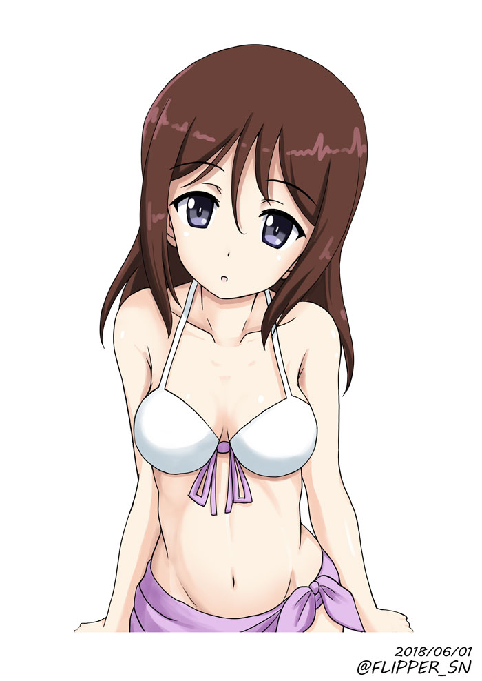 1girl bangs bikini black_eyes breasts brown_hair collarbone commentary dated flipper front-tie_bikini front-tie_top girls_und_panzer long_hair looking_at_viewer medium_breasts megumi_(girls_und_panzer) parted_lips sarong simple_background solo standing swept_bangs swimsuit twitter_username upper_body white_background white_bikini