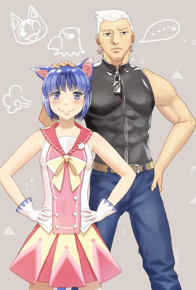 ... 1boy 1girl abs animal_ears apollo_(doubutsu_no_mori) artist_name belt blue_eyes blue_hair blush bouquet_(doubutsu_no_mori) bow bowtie cat_ears doubutsu_no_mori gloves grey_background personification sailor_collar tsutsuji_(hello_x_2) white_hair