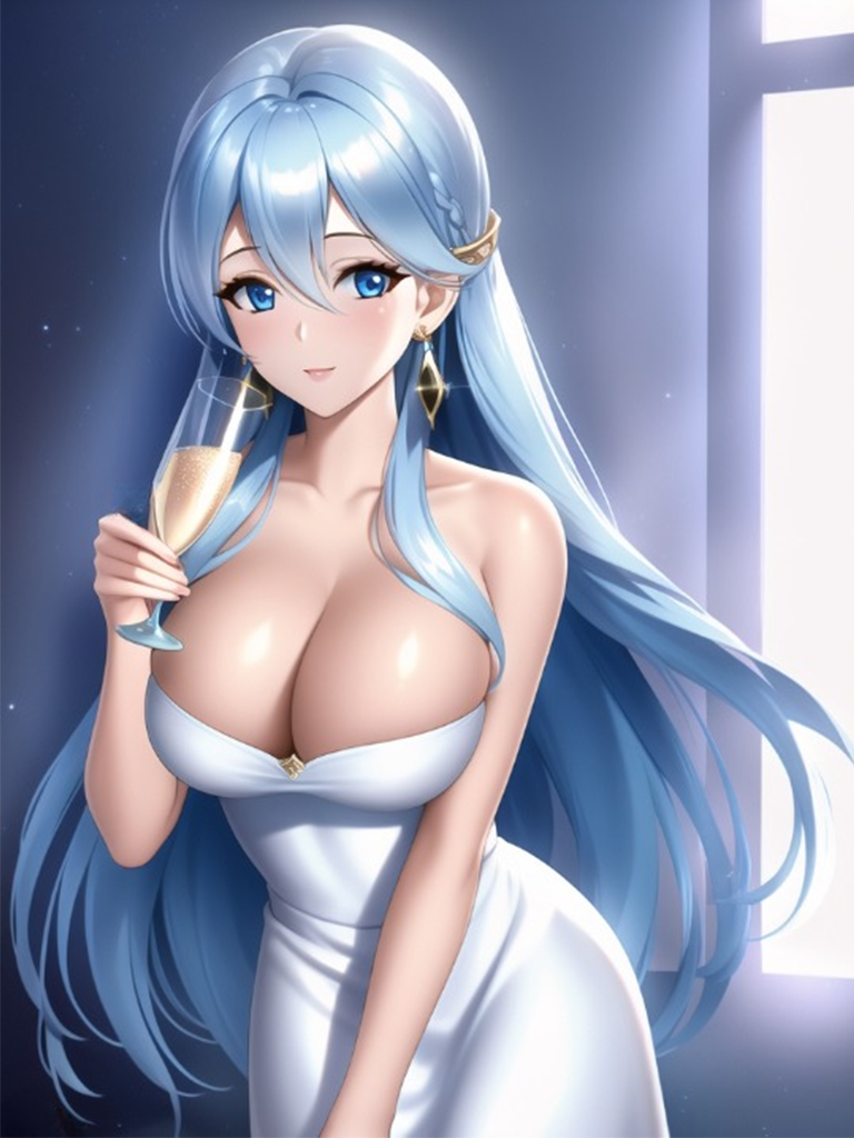 1girl bare_shoulders blue_eyes blue_hair champagne cleavage dress earrings largebreasts long_hair looking_at_viewer luxury_dress shmebulock36 solo