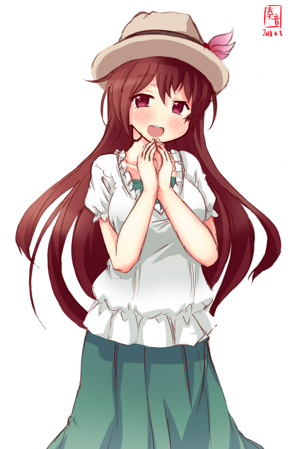 1girl adapted_costume alternate_costume artist_logo blouse brown_eyes brown_hair commentary_request dated frilled_blouse green_skirt hands_together hat highres kanon_(kurogane_knights) kantai_collection kisaragi_(kantai_collection) long_hair long_skirt looking_at_viewer open_mouth short_sleeves simple_background skirt smile solo white_background white_blouse