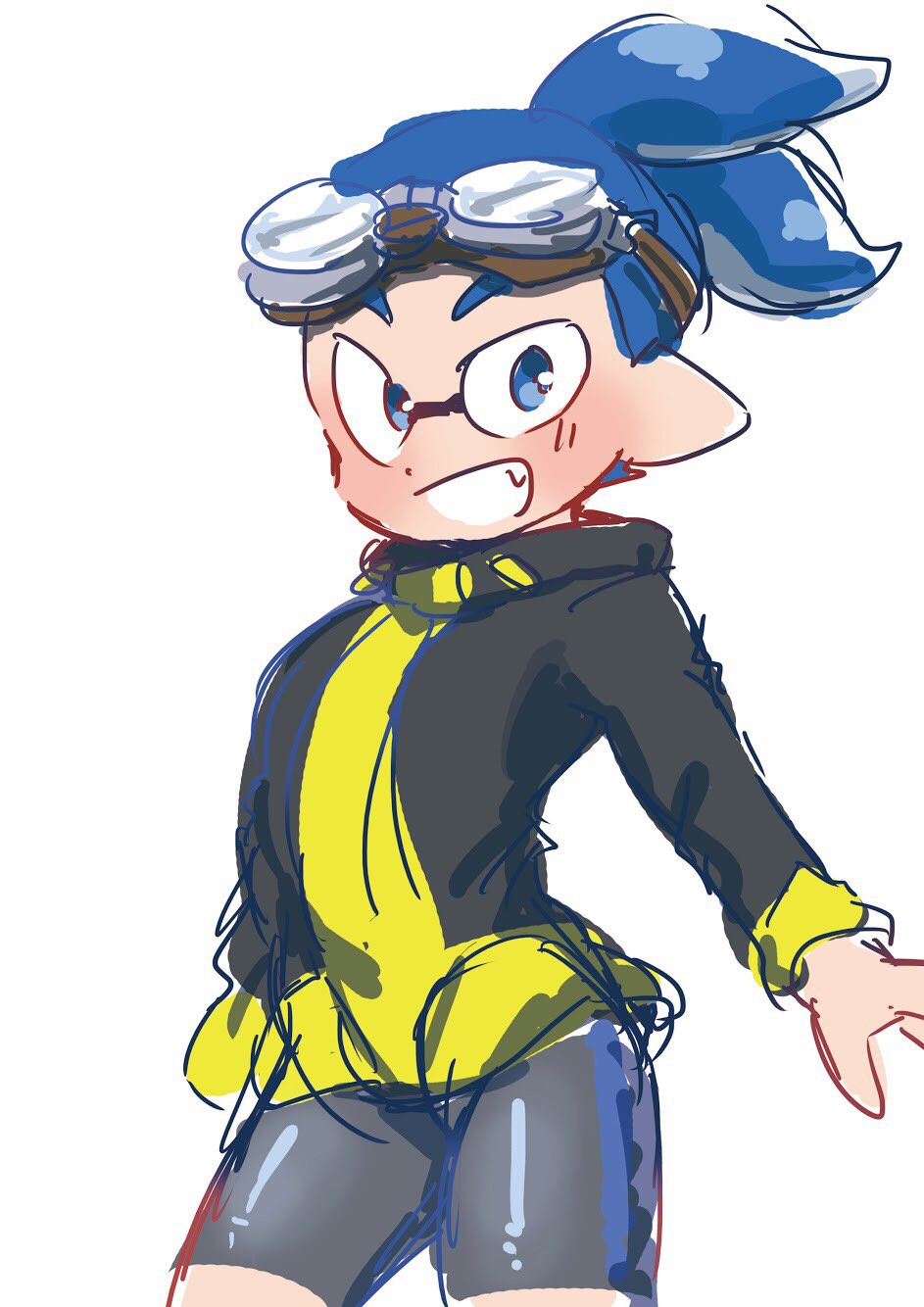 1boy bike_shorts blue_eyes blue_hair contrapposto domino_mask fang goggle-kun_(splatoon) goggles goggles_on_head highres inkling jacket male_focus mask open_mouth pointy_ears smile solo splatoon splatoon_(manga) tentacle_hair topknot