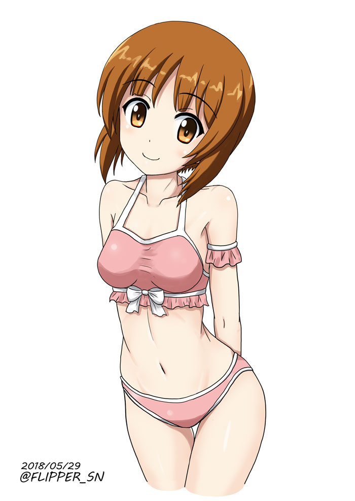 1girl armlet arms_behind_back bangs bikini bow_bikini breasts brown_eyes brown_hair closed_mouth collarbone commentary cowboy_shot dated flipper frilled_bikini frills girls_und_panzer head_tilt leaning_forward looking_at_viewer medium_breasts navel nishizumi_miho pink_bikini short_hair simple_background smile solo standing swimsuit thigh_gap twitter_username white_background