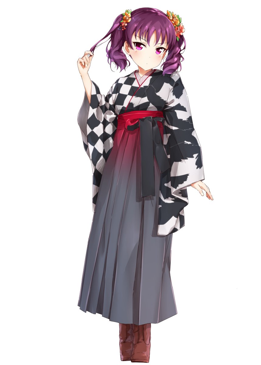 1girl animal_print bangs bird_print boots brown_footwear checkered checkered_kimono flower full_body gradient_hakama hair_flower hair_ornament highres japanese_clothes kazuno_leah kimono long_sleeves looking_at_viewer love_live! love_live!_sunshine!! meiji_schoolgirl_uniform pink_eyes playing_with_own_hair purple_hair simple_background solo standing suke_(momijigari) twintails v-shaped_eyebrows white_background wide_sleeves