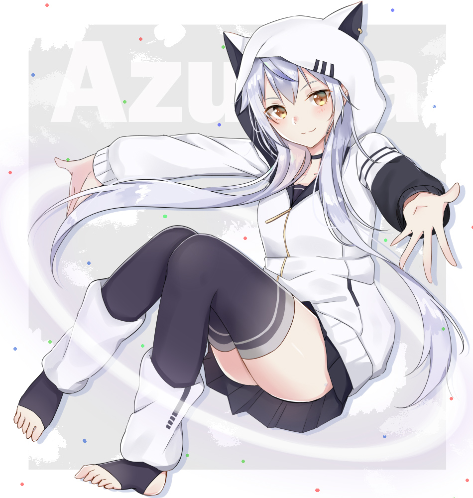 1girl animal_ears animal_hood azuma_lim azuma_lim_channel bangs black_legwear black_skirt blush brown_eyes cat_ears cat_hood character_name closed_mouth commentary_request eyebrows_visible_through_hair hair_between_eyes head_tilt hood hood_up hoodie long_hair long_sleeves looking_at_viewer outstretched_arms pleated_skirt puffy_long_sleeves puffy_sleeves silver_hair skirt smile solo stirrup_legwear swon_(joy200892) thigh-highs toeless_legwear very_long_hair virtual_youtuber white_hoodie