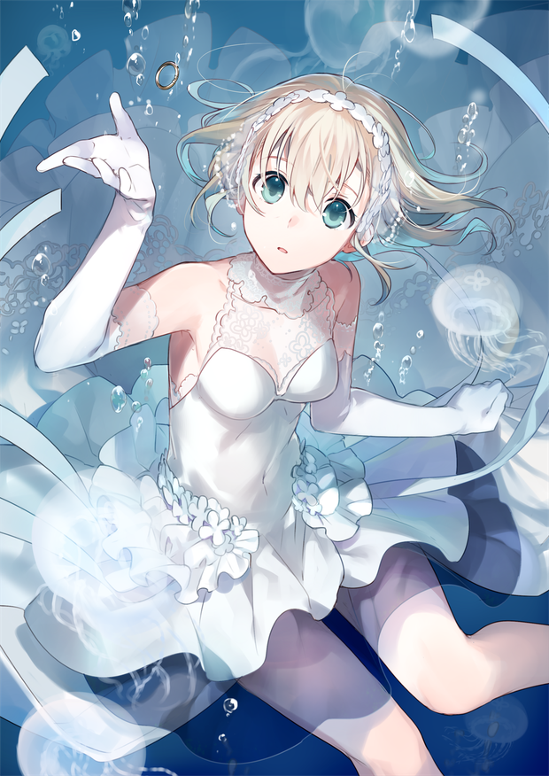 1girl arm_up armpits asahikawa_hiyori blonde_hair bridal_veil bubble commentary covered_navel dress elbow_gloves floating_hair from_above gloves green_eyes jellyfish jewelry looking_at_viewer looking_up open_mouth original ring short_hair sleeveless sleeveless_dress solo underwater veil wedding_band wedding_dress white_gloves
