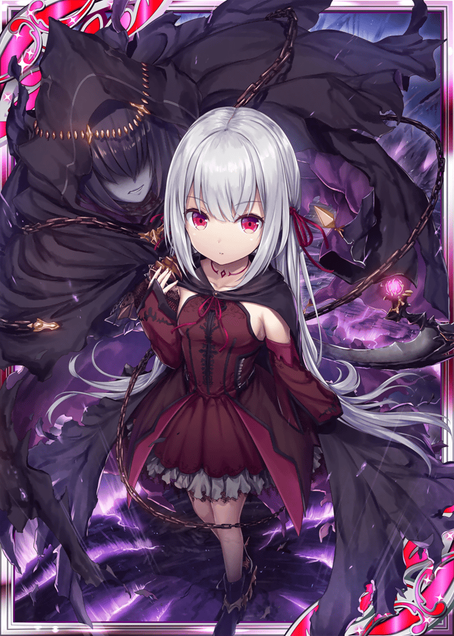 2girls akkijin black_cape black_hair breasts cape card_(medium) chains covered_eyes darkness death dress long_hair looking_at_viewer multiple_girls official_art purple_dress red_eyes scythe shinkai_no_valkyrie small_breasts tattoo very_long_hair white_hair