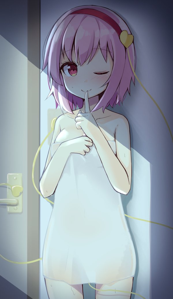 1girl blush breasts cleavage finger_to_mouth hairband hand_on_own_chest komeiji_satori naked_towel ominaeshi_(takenoko) one_eye_closed pink_eyes pink_hair short_hair shushing smile solo touhou towel