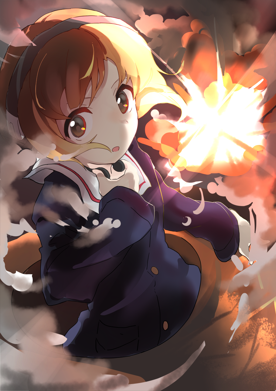 1girl action bangs blue_jacket brown_eyes brown_hair commentary dodging explosion fuyubone girls_und_panzer hand_to_throat headphones highres jacket long_sleeves looking_at_viewer military military_uniform nishizumi_miho ooarai_military_uniform open_mouth short_hair solo tank_cupola throat_microphone uniform upper_body wind