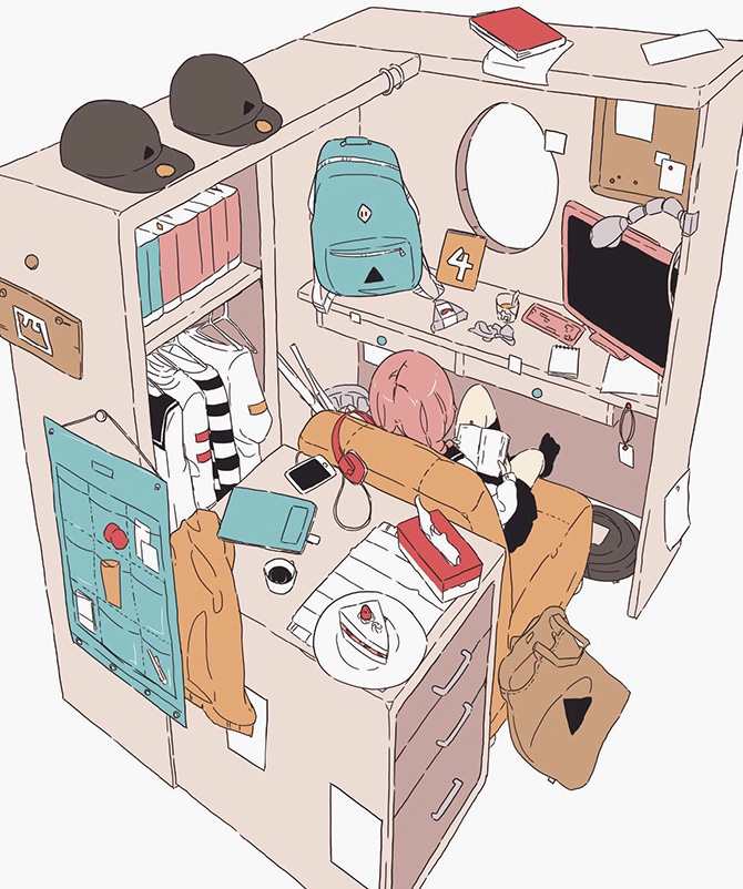 1girl backpack bag book cake cellphone clothes colored couch daisukerichard drawer food hat headphones indoors monitor original paper phone pink_hair reading school_uniform shelf smartphone tissue_box white_background