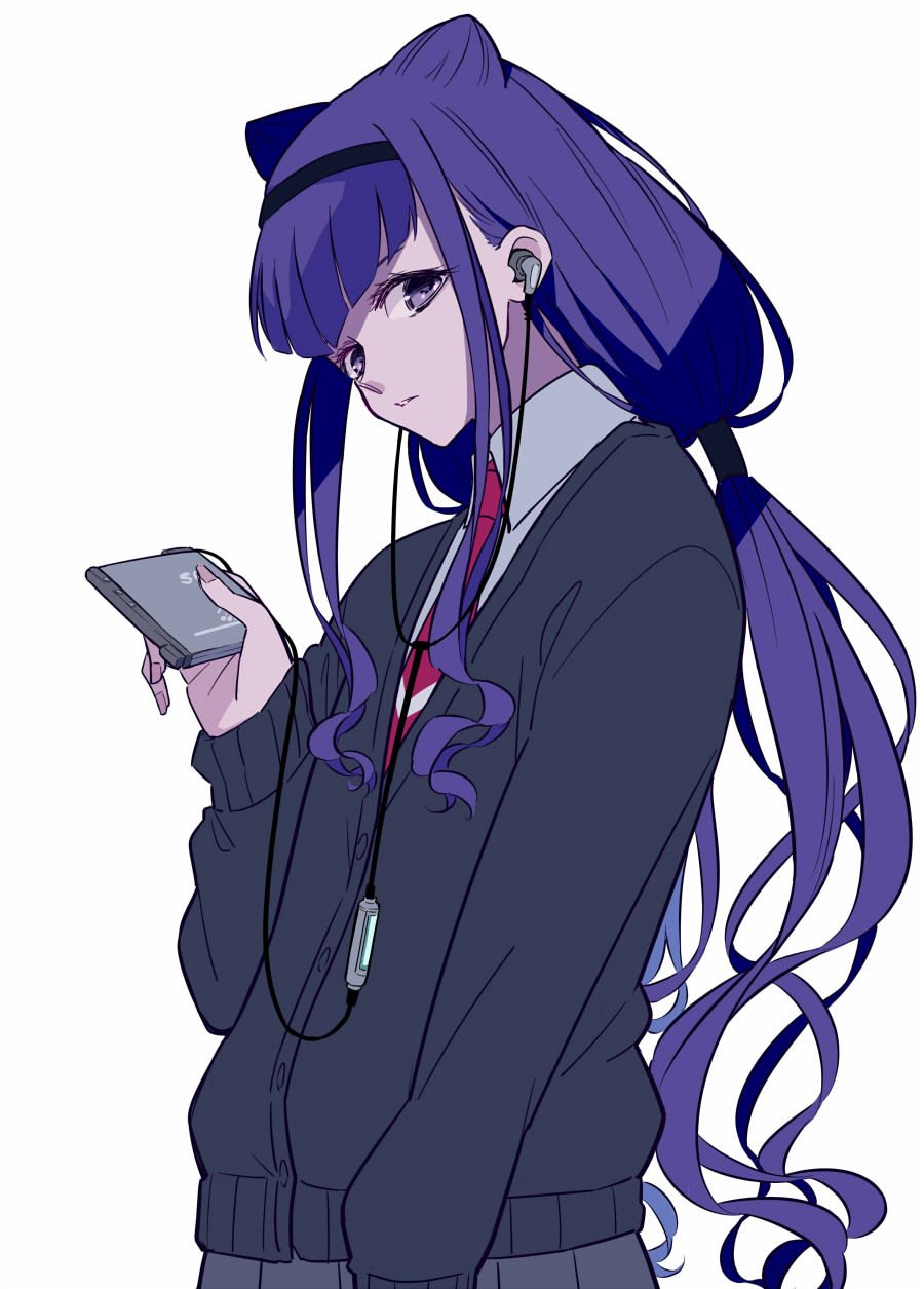 1girl black_hairband cardigan cassette_player commentary double_bun earphones hairband highres holding hugtto!_precure l'avenir_academy_uniform listening_to_music long_hair looking_at_viewer low_twintails necktie ponekusan precure purple_hair ruru_amour school_uniform shirt simple_background skirt solo twintails upper_body violet_eyes white_background