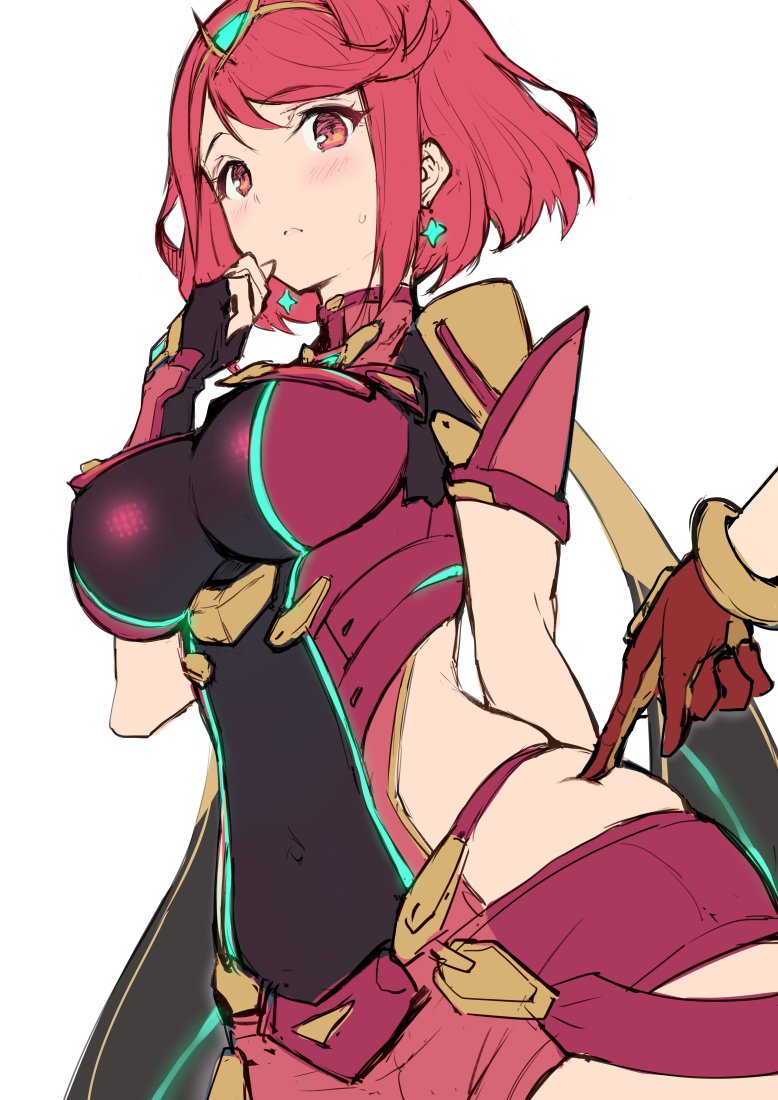 1boy 1girl bangs blush breasts covered_navel earrings eyebrows_visible_through_hair fingerless_gloves gloves haoni hips pyra_(xenoblade) jewelry large_breasts looking_at_viewer parted_lips poking red_eyes redhead short_hair short_shorts shorts simple_background skindentation sweatdrop swept_bangs tiara vambraces white_background xenoblade_(series) xenoblade_2