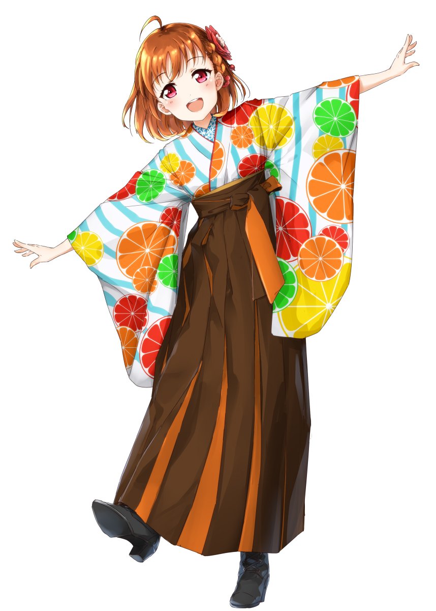 1girl :d ahoge bangs black_footwear boots braid brown_hakama eyebrows_visible_through_hair flower full_body hair_flower hair_ornament hakama high_heel_boots high_heels highres japanese_clothes kimono long_sleeves looking_at_viewer love_live! love_live!_sunshine!! meiji_schoolgirl_uniform open_mouth orange_hair orange_print outstretched_arms red_eyes red_flower round_teeth side_braid simple_background smile solo spread_arms striped striped_kimono suke_(momijigari) takami_chika teeth upper_teeth white_background wide_sleeves