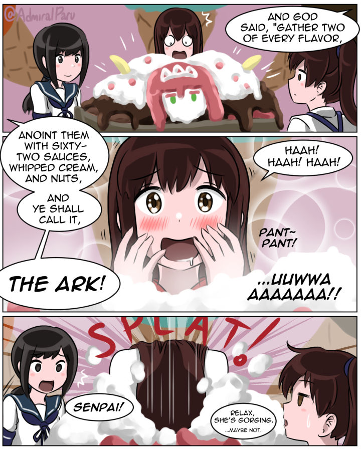 3girls 3koma admiral_paru akagi_(kantai_collection) ark_royal_(kantai_collection) black_hair blush brown_eyes brown_hair comic fainting food fubuki_(kantai_collection) giant_food happy ice_cream ice_cream_cone kaga_(kantai_collection) kantai_collection long_hair multiple_girls o_o oversized_object parody ponytail saliva sweatdrop the_simpsons