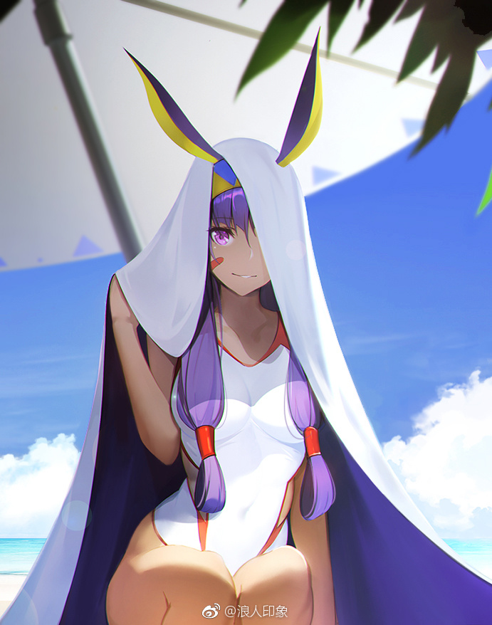 1girl animal_ears blue_sky blurry breasts competition_swimsuit covered_navel dark_skin day depth_of_field eyebrows_visible_through_hair facial_mark fate/grand_order fate_(series) hair_over_breasts hair_tubes hairband hood hoodie long_hair looking_at_viewer medium_breasts narcolepsy-1900 nitocris_(swimsuit_assassin)_(fate) one-piece_swimsuit outdoors parted_lips purple_hair sidelocks sitting sky smile solo swimsuit violet_eyes weibo_username white_swimsuit