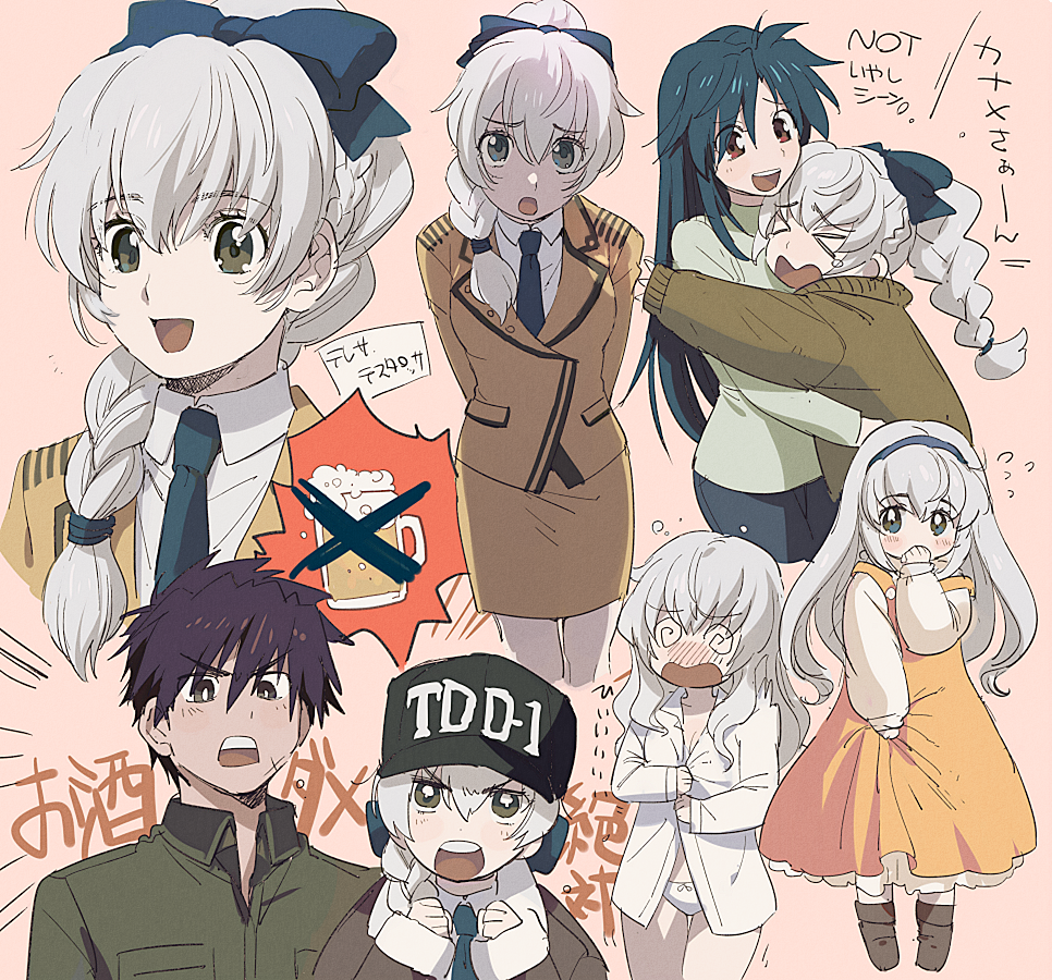 &gt;_&lt; 1boy 2girls @_@ aoki_(fumomo) baseball_cap beer_mug blazer blue_hair blush bow braid breasts brown_hair chidori_kaname collared_shirt dress embarrassed flustered full_metal_panic! green_eyes hair_between_eyes hair_bow hair_down hat hug jacket long_hair military military_uniform miniskirt multiple_girls multiple_views necktie open_mouth orange_dress panties pants pink_background ponytail red_eyes sagara_sousuke shirt short_hair silver_hair simple_background skirt small_breasts spiky_hair sweatdrop sweater teletha_testarossa unbuttoned unbuttoned_shirt underwear uniform white_panties younger