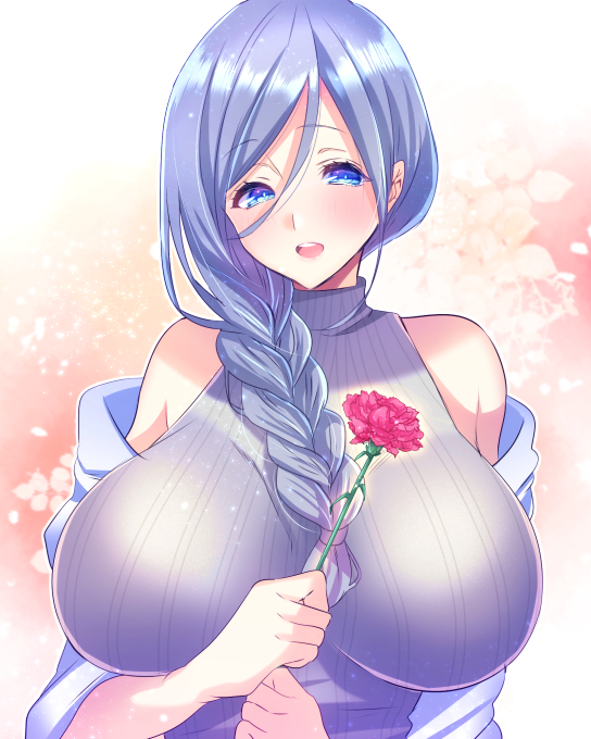 1girl aizawa_chihiro bare_shoulders blue_eyes blue_hair blush braid breasts eyebrows_visible_through_hair flower large_breasts long_hair looking_at_viewer mother's_day open_mouth original raised_eyebrows round_teeth sleeveless sleeveless_turtleneck smile solo teeth turtleneck