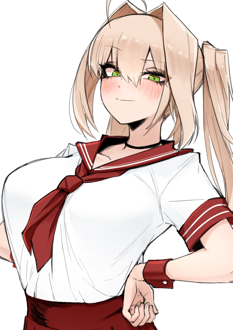 1girl ahoge blonde_hair blush breasts eyebrows_visible_through_hair fate/extra fate_(series) green_eyes hair_between_eyes hands_on_hips j.k. large_breasts long_hair looking_at_viewer nero_claudius_(fate) nero_claudius_(fate)_(all) school_uniform serafuku shirt_tucked_in simple_background solo twintails white_background wrist_cuffs