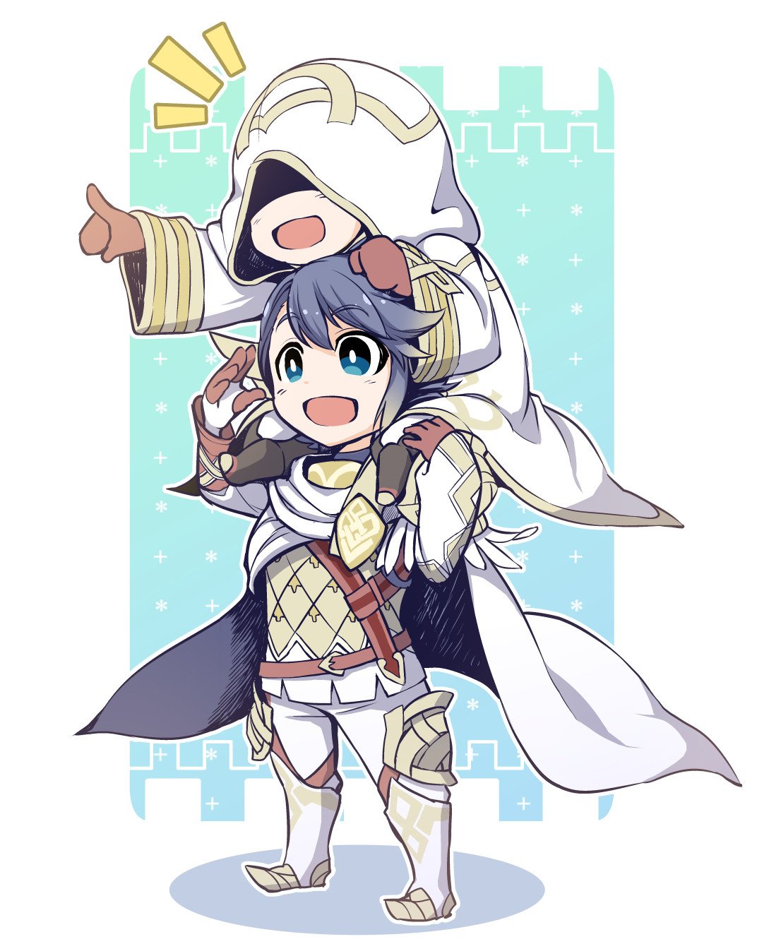 2boys alfonse_(fire_emblem) armor armored_boots bangs blue_eyes blue_hair boots brown_footwear brown_gloves cape carrying chibi commentary_request detached_sleeves eyebrows_visible_through_hair fire_emblem fire_emblem_heroes full_body gloves highres hood long_sleeves looking_away multiple_boys nakabayashi_zun open_mouth pants pointing shoulder_carry simple_background summoner_(fire_emblem_heroes) white_cape