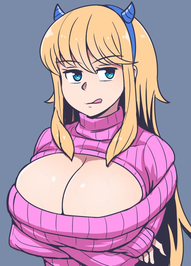 1girl :q akairiot bangs blonde_hair blue_background blue_eyes blue_hairband breasts cleavage cleavage_cutout eyebrows_visible_through_hair hairband huge_breasts long_hair long_sleeves looking_to_the_side meme_attire open-chest_sweater original pink_sweater sidelocks simple_background solo sweater tongue tongue_out turtleneck turtleneck_sweater