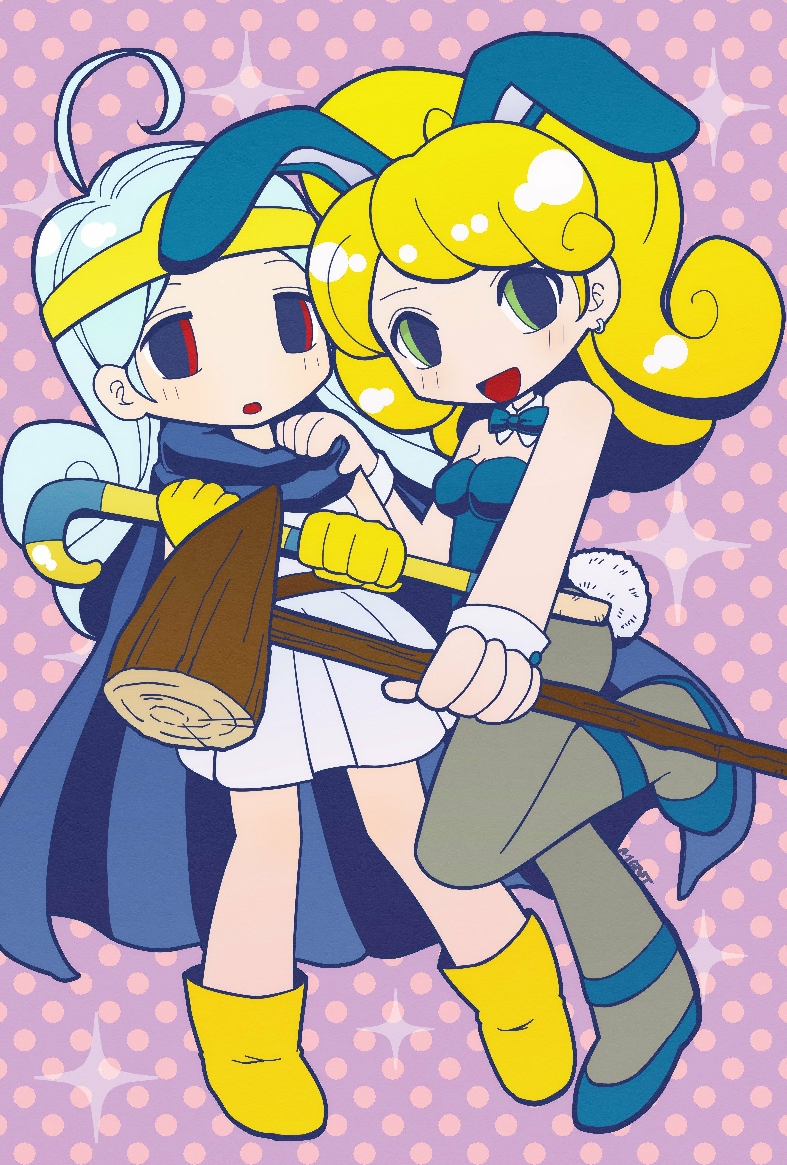 2girls :d ahoge animal_ears bare_shoulders blue_cape blue_footwear blue_hair blue_leotard blue_neckwear boots bow bowtie breasts bunny_tail bunnysuit cape cleavage detached_collar dragon_quest dragon_quest_iii dress earrings gloves grey_legwear hand_on_another's_shoulder holding holding_staff jester_(dq3) jewelry leg_up legs_apart leotard looking_at_viewer mento_(pavementnxn) mitre multiple_girls no_nose open_mouth pantyhose polka_dot polka_dot_background rabbit_ears red_eyes sage_(dq3) smile sparkle staff standing standing_on_one_leg strapless strapless_leotard tail tongue white_dress wrist_cuffs yellow_footwear yellow_gloves