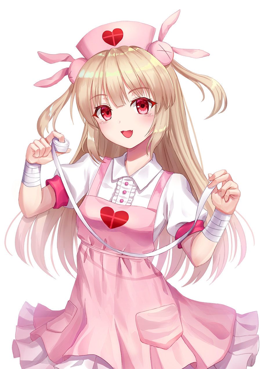 1girl :d apron bandage bandaged_arm bangs blush breasts center_frills collared_shirt commentary_request eyebrows_visible_through_hair fang frills hair_between_eyes hands_up hat head_tilt heart highres holding holding_bandages light_brown_hair long_hair looking_at_viewer natori_sana nurse_cap open_mouth pink_apron pink_hat pink_skirt pleated_skirt puffy_short_sleeves puffy_sleeves red_eyes sana_channel seungju_lee shirt short_sleeves skirt small_breasts smile solo two_side_up very_long_hair virtual_youtuber white_shirt