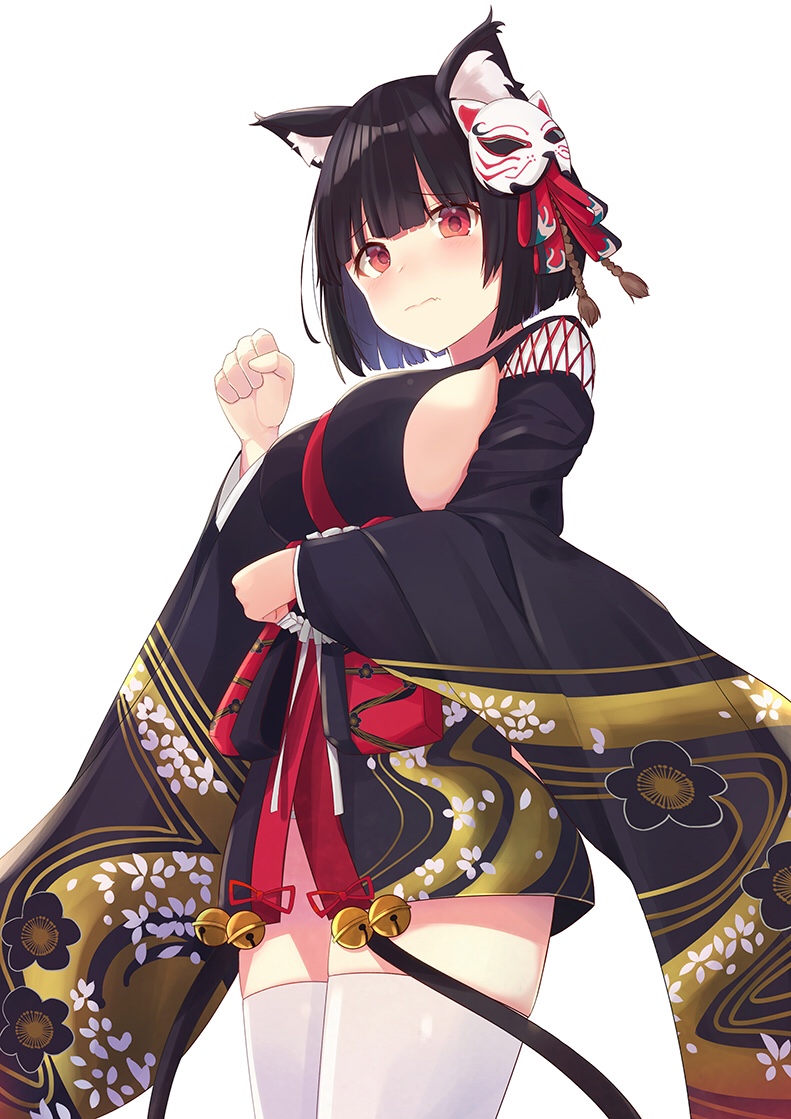 1girl animal_ears azur_lane bangs bell black_hair black_kimono blush breasts cat_ears closed_mouth commentary cowboy_shot eyebrows_visible_through_hair floral_print furrowed_eyebrows hand_up japanese_clothes jingle_bell keimaron kimono large_breasts long_sleeves looking_at_viewer mask mask_on_head red_eyes short_kimono sideboob simple_background solo standing thigh-highs white_background white_legwear wide_sleeves yamashiro_(azur_lane)