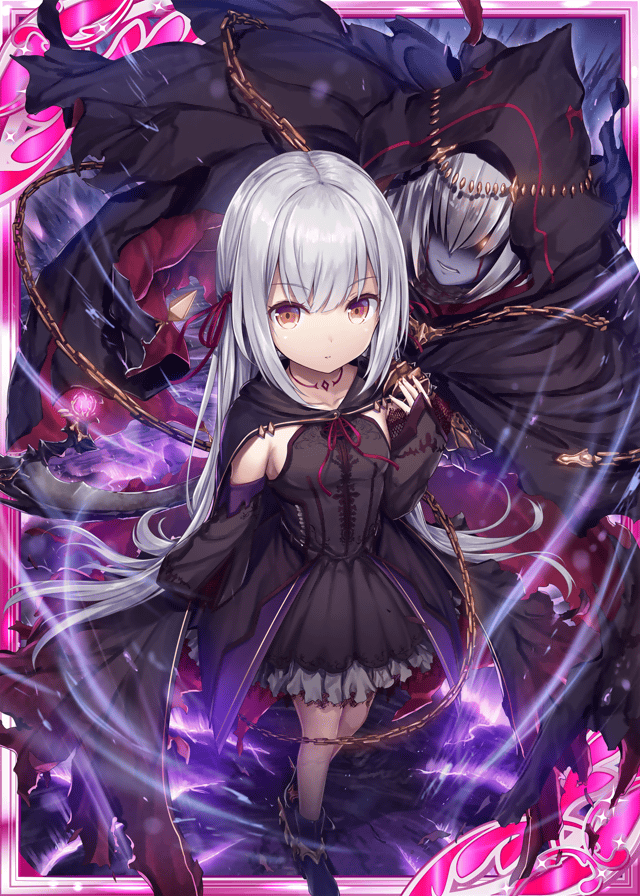 2girls akkijin black_cape black_dress breasts cape card_(medium) chains covered_eyes darkness death dress long_hair looking_at_viewer multiple_girls official_art scythe shinkai_no_valkyrie silver_hair small_breasts tattoo very_long_hair white_hair yellow_eyes