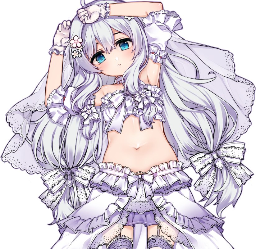 1girl armpits arms_up bangs bare_shoulders blue_eyes blush bow center_frills commentary_request crop_top detached_sleeves frills garter_straps gloves hair_between_eyes hair_bow kuro_(kuronell) long_hair looking_at_viewer navel parted_lips pleated_skirt puffy_short_sleeves puffy_sleeves purple_skirt short_sleeves silver_hair simple_background skirt solo soul_worker stella_unibell strapless thigh-highs very_long_hair white_background white_bow white_gloves white_legwear