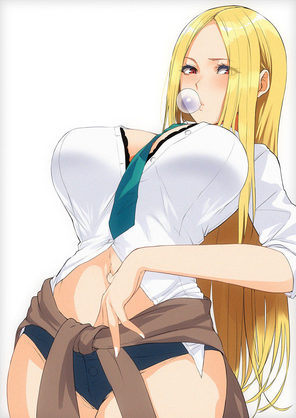 1girl bangs between_breasts black_bra blonde_hair bra breasts bubble_blowing clothes_around_waist cowboy_shot eyes_visible_through_hair hand_on_own_stomach highres jacket_around_waist large_breasts long_hair looking_at_viewer midriff navel necktie necktie_between_breasts original parted_bangs partially_unbuttoned red_eyes short_shorts shorts sidelocks simple_background sleeves_folded_up solo underwear yuuki_shin