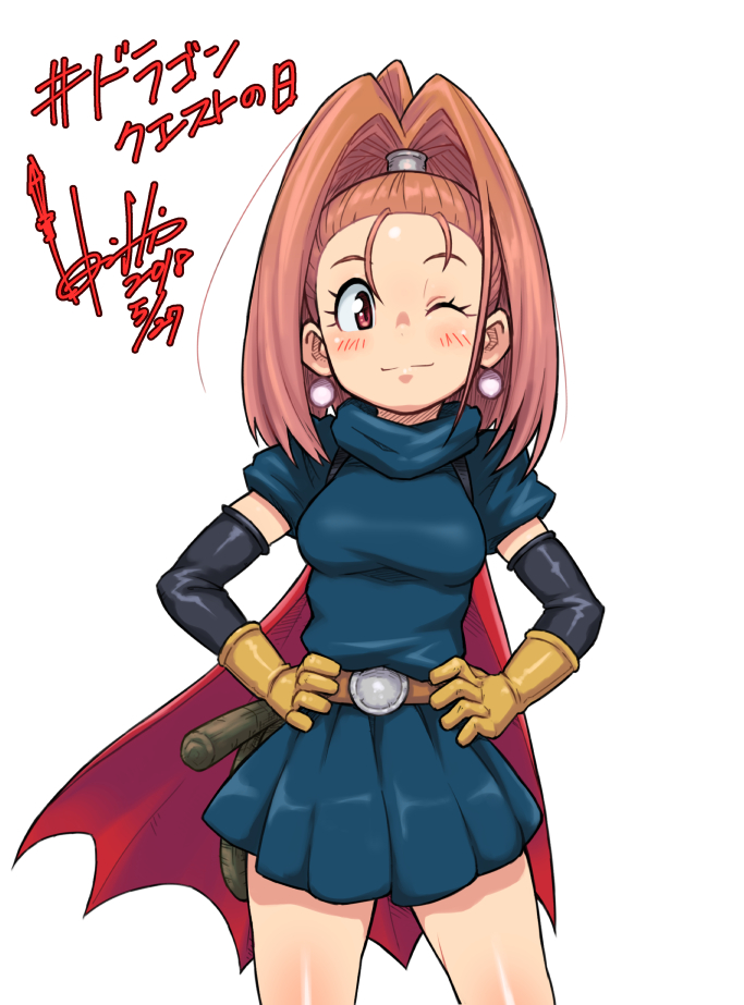 1girl 2018 ;) arm_warmers barbara belt blush breasts brown_belt brown_eyes brown_hair cape closed_mouth cowboy_shot dated dragon_quest dragon_quest_vi dress earrings gloves high_ponytail hori_shin jewelry legs_apart looking_at_viewer medium_breasts medium_hair one_eye_closed red_cape short_dress short_sleeves signature simple_background smile solo standing white_background yellow_gloves