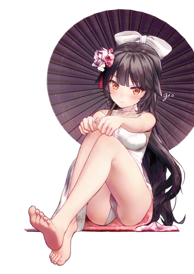 1girl azur_lane bare_arms bare_legs bare_shoulders barefoot black_hair black_umbrella blush bow breasts brown_eyes china_dress chinese_clothes closed_mouth dress fingernails flower gio_(maroon0924) hair_bow hair_flower hair_ornament large_breasts long_hair oriental_umbrella pink_flower purple_flower red_background signature simple_background sitting sleeveless sleeveless_dress soles solo takao_(azur_lane) toenails umbrella very_long_hair white_bow white_dress