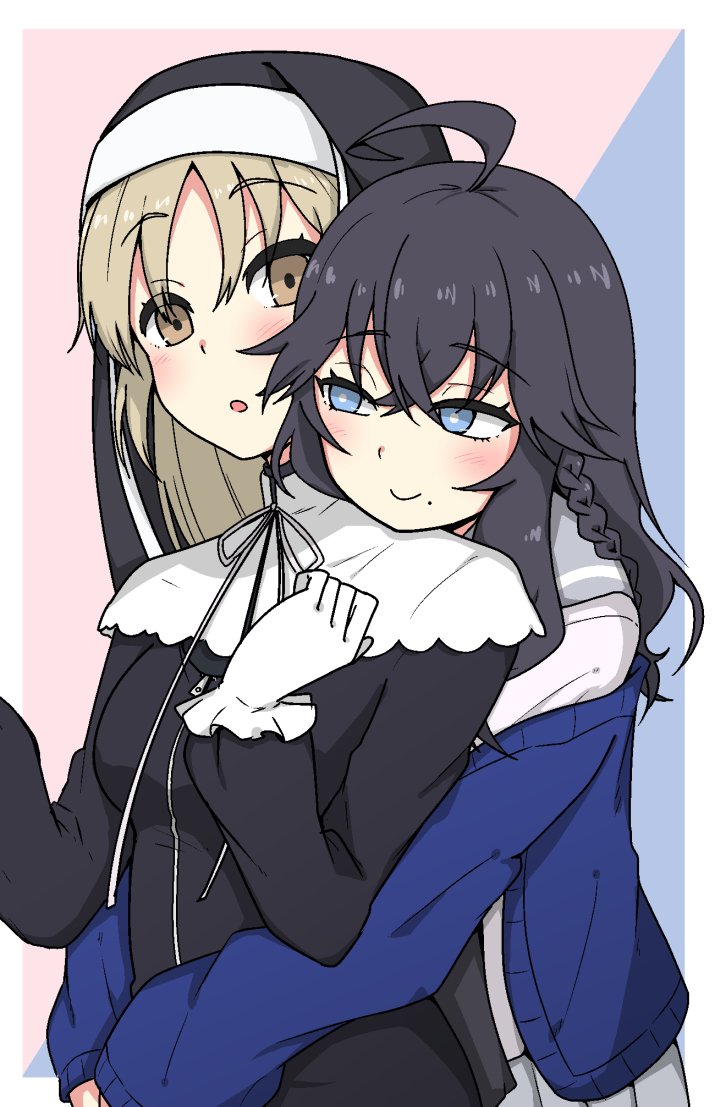 2girls ahoge bangs black_hair blue_cardigan blue_eyes blush braid brown_eyes cardigan commentary eyebrows_visible_through_hair gloves grey_skirt habit head_on_another's_shoulder hug hug_from_behind izumo_kasumi_(nijisanji) light_brown_hair long_hair looking_at_another mekakuri_(otacon250) multiple_girls nijisanji nun open_cardigan open_clothes open_mouth sailor_collar school_uniform sister_cleaire skirt smile virtual_youtuber wavy_hair white_gloves zipper zipper_pull_tab