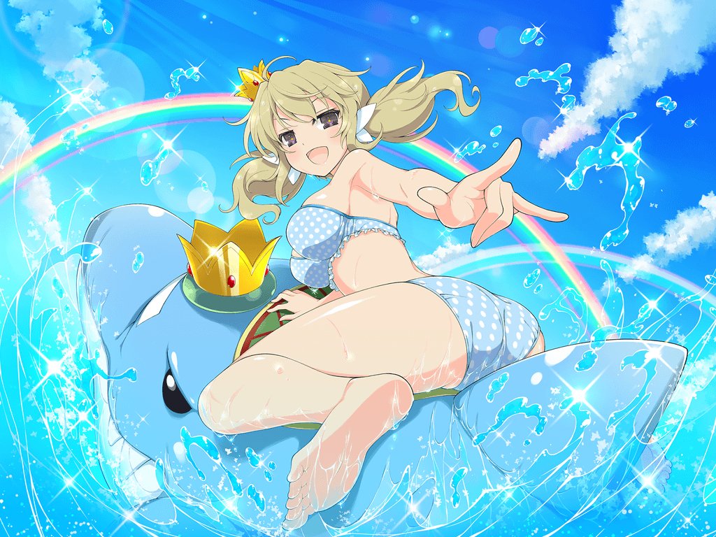 ass bikini blonde_hair breasts crown dolphin kafuru_(senran_kagura) large_breasts looking_at_viewer rainbow senran_kagura_(series) senran_kagura_new_link swimsuit tied_hair twintails water