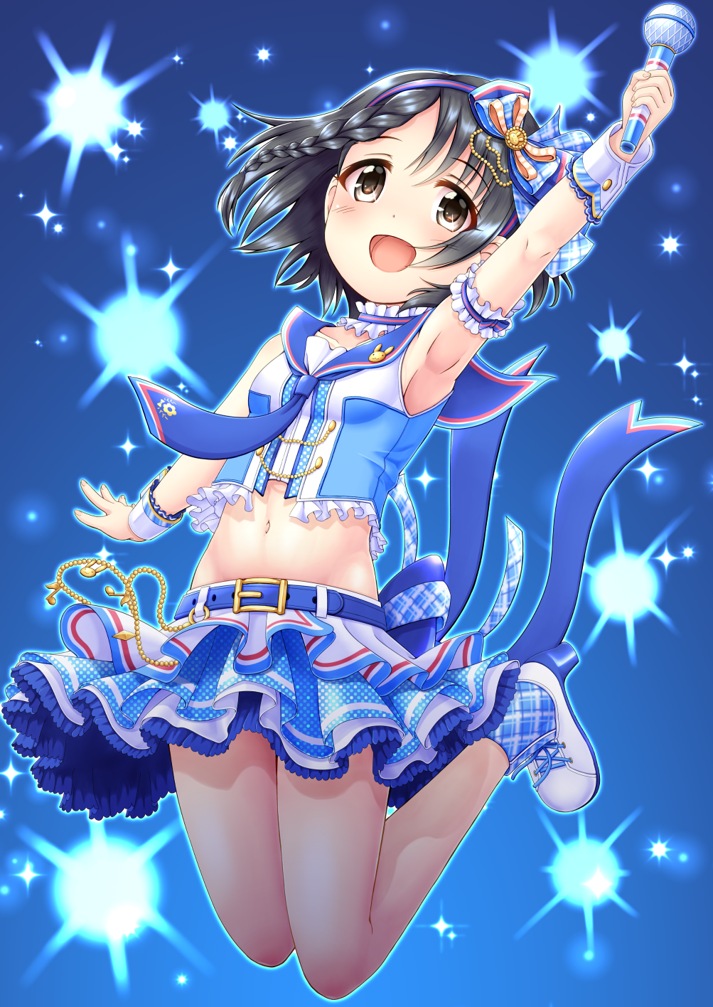 1girl :d arm_up armpits bangs belt_buckle black_hair blue_background blue_belt blue_shirt blue_skirt blush bow breasts brown_eyes buckle eyebrows_visible_through_hair hair_between_eyes hair_bow hairband high_heels highres holding holding_microphone idolmaster idolmaster_cinderella_girls layered_skirt microphone navel open_mouth plaid plaid_bow pleated_skirt regular_mow sasaki_chie shirt shoes sidelocks skirt sleeveless sleeveless_shirt small_breasts smile solo striped striped_hairband white_footwear wrist_cuffs