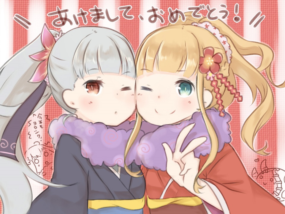 2girls ;) black_kimono blonde_hair brown_eyes copyright_request flower green_eyes hair_flower hair_ornament japanese_clothes kimono long_hair long_sleeves looking_at_viewer multiple_girls one_eye_closed pink_flower ponytail red_background red_flower red_kimono silver_hair smile striped striped_background totatokeke v vertical-striped_background vertical_stripes white_background