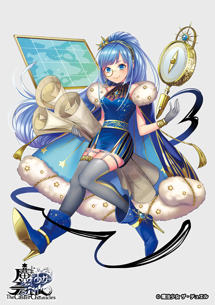 1girl blue_eyes blue_hair boots breasts copyright_name hairband looking_at_viewer matsurika_youko official_art short_hair smile solo the_caster_chronicles translated white_background