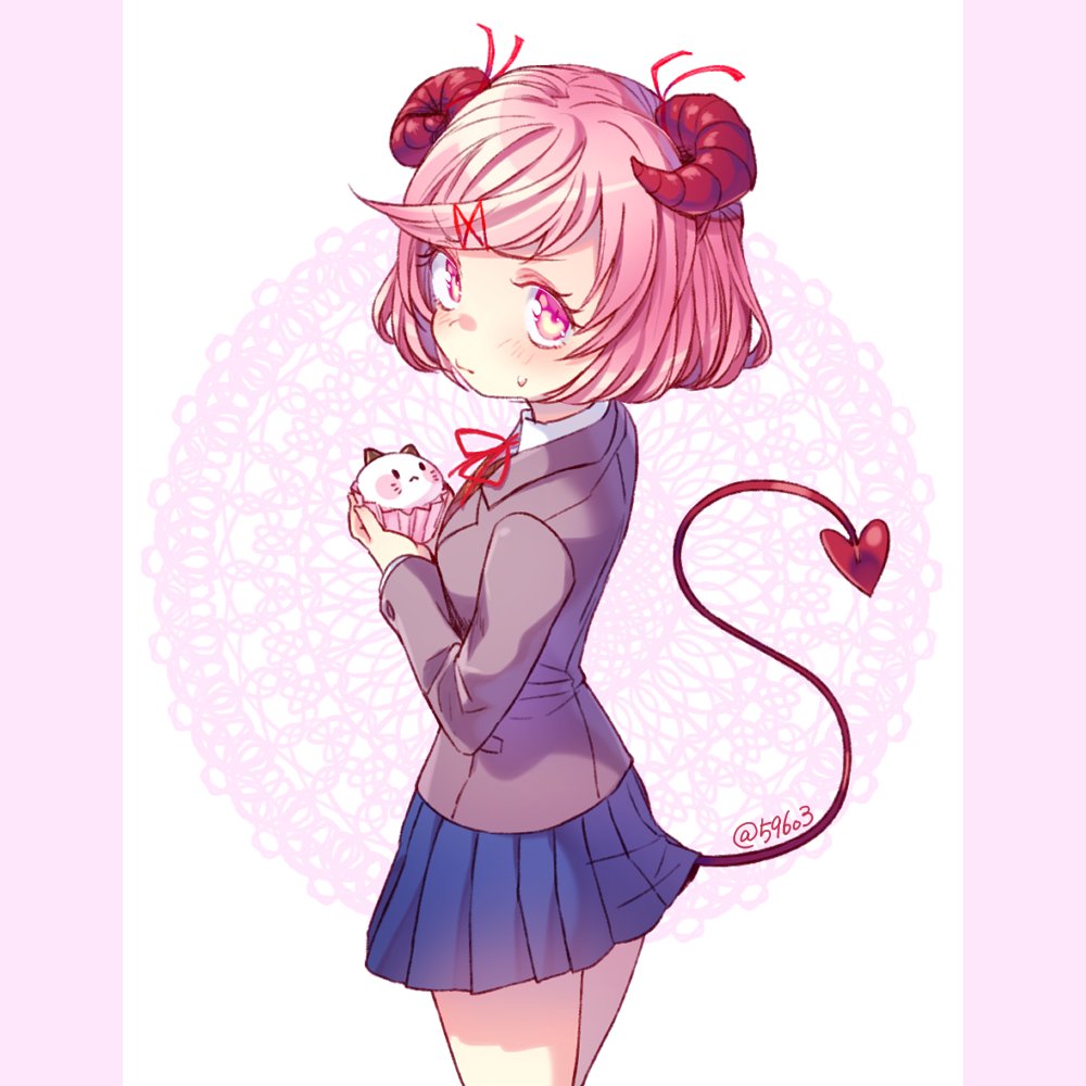 1girl blue_skirt blush commentary_request cowboy_shot cupcake demon_horns demon_tail doki_doki_literature_club food from_side gokurou hair_ornament hair_ribbon hairclip horns looking_at_viewer natsuki natsuki_(doki_doki_literature_club) pink_eyes pink_hair pleated_skirt red_ribbon ribbon school_uniform short_hair skirt solo sweatdrop tail twitter_username