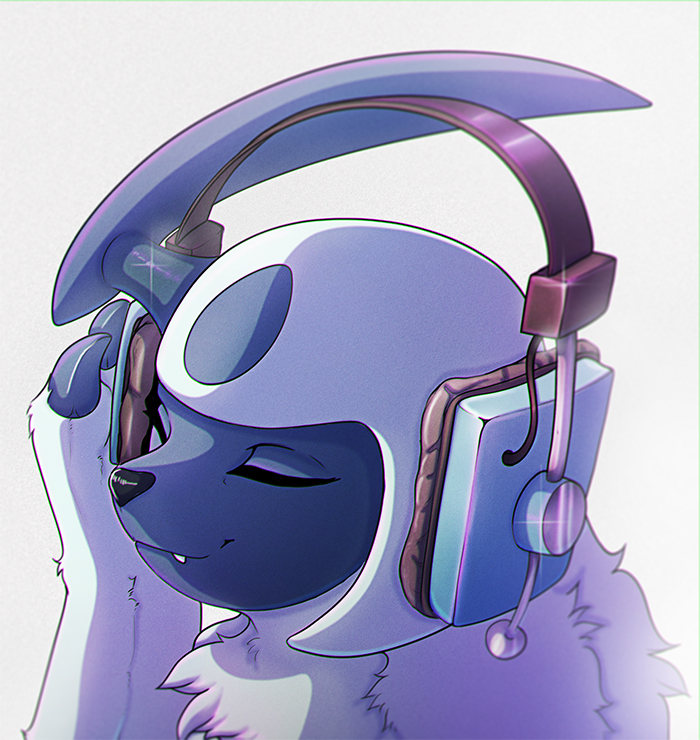 absol closed_eyes drawfag facing_viewer fang glint grey_background headphones no_humans pokemon pokemon_(creature) portrait simple_background