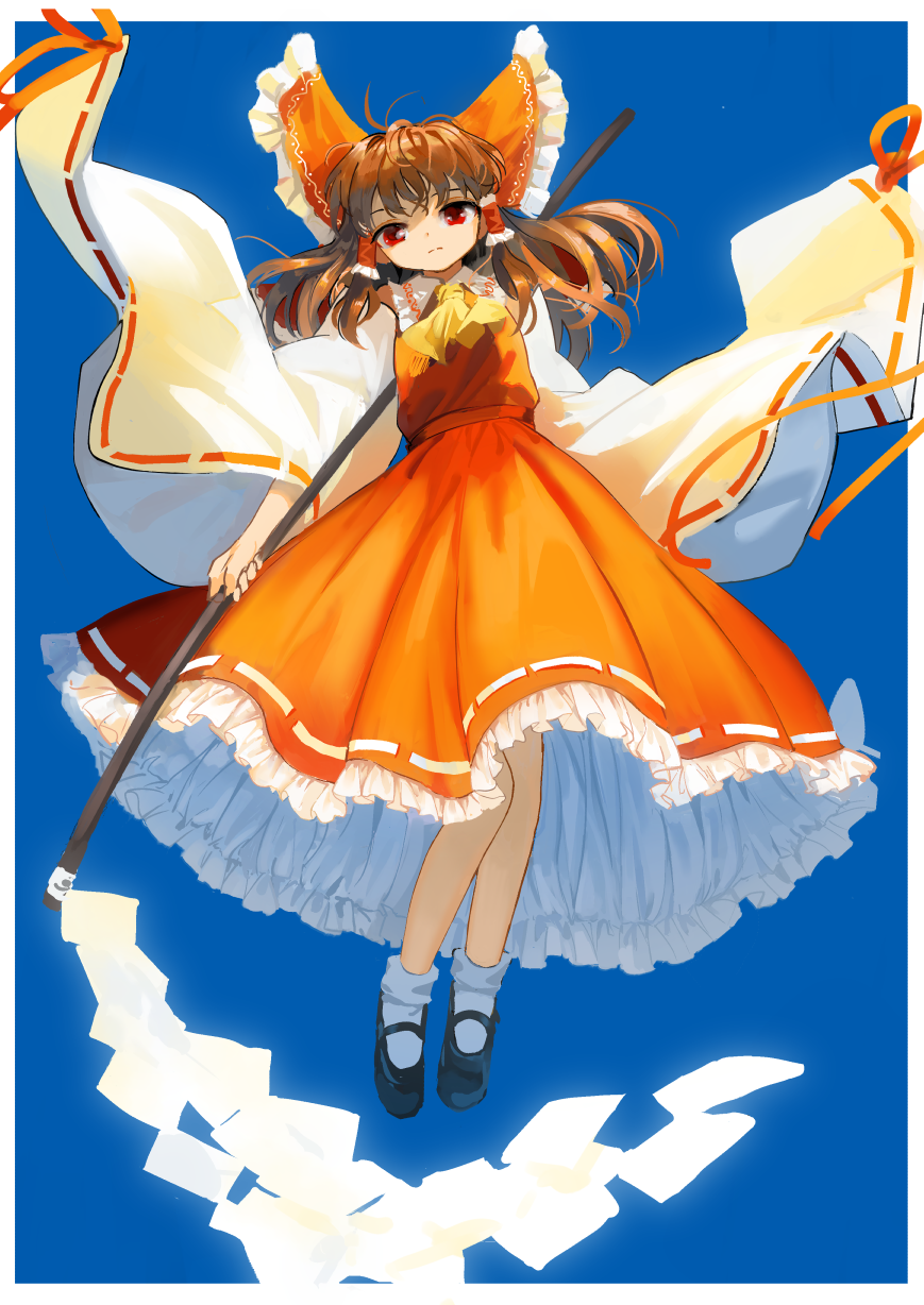1girl blue_background brown_hair detached_sleeves expressionless floating gohei hair_ribbon hair_tubes hakurei_reimu highres long_hair looking_at_viewer neckerchief nontraditional_miko red_eyes ribbon skirt solo suna_(s73d) touhou wide_sleeves