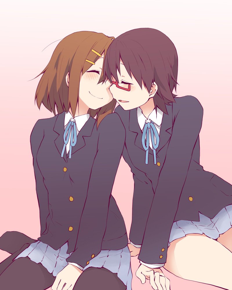 2girls black_legwear blue_ribbon blue_skirt blush brown_hair closed_eyes commentary_request facing_another hair_ornament hairclip hirasawa_yui imminent_kiss k-on! kagiana long_sleeves manabe_nodoka multiple_girls open_mouth pantyhose pleated_skirt red-framed_eyewear ribbon school_uniform semi-rimless_eyewear short_hair sitting skirt smile under-rim_eyewear yuri