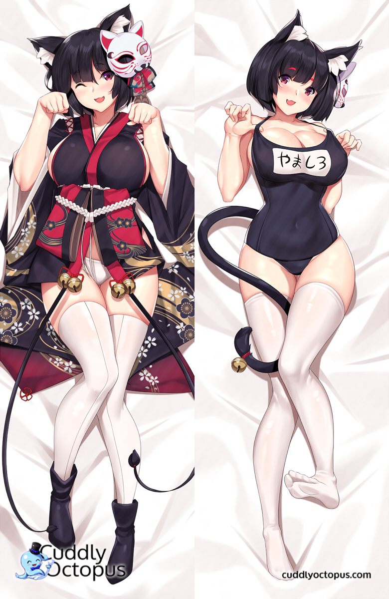 1girl :d ;d animal_ears azur_lane bed_sheet bell black_hair blush breasts cat_ears cat_mask cat_tail collarbone commentary covered_navel cuddly_octopus dakimakura eyebrows_visible_through_hair fang full_body gluteal_fold highres japanese_clothes jingle_bell large_breasts looking_at_viewer mask mask_on_head multiple_views name_tag one-piece_swimsuit one_eye_closed open_mouth panties paw_pose red_eyes school_swimsuit short_hair smile swimsuit tail thigh-highs thigh_gap tony_guisado underwear violet_eyes white_legwear white_panties yamashiro_(azur_lane)